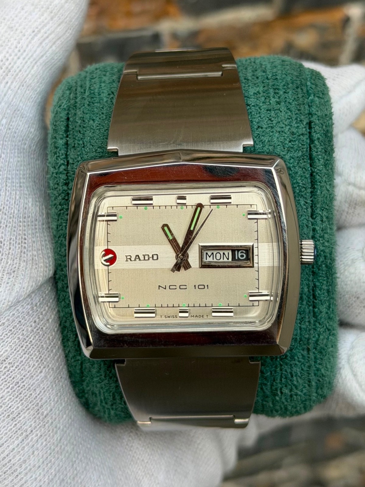 vintage Rado NCC 101 automatic watch featuring a silver TV-shaped case