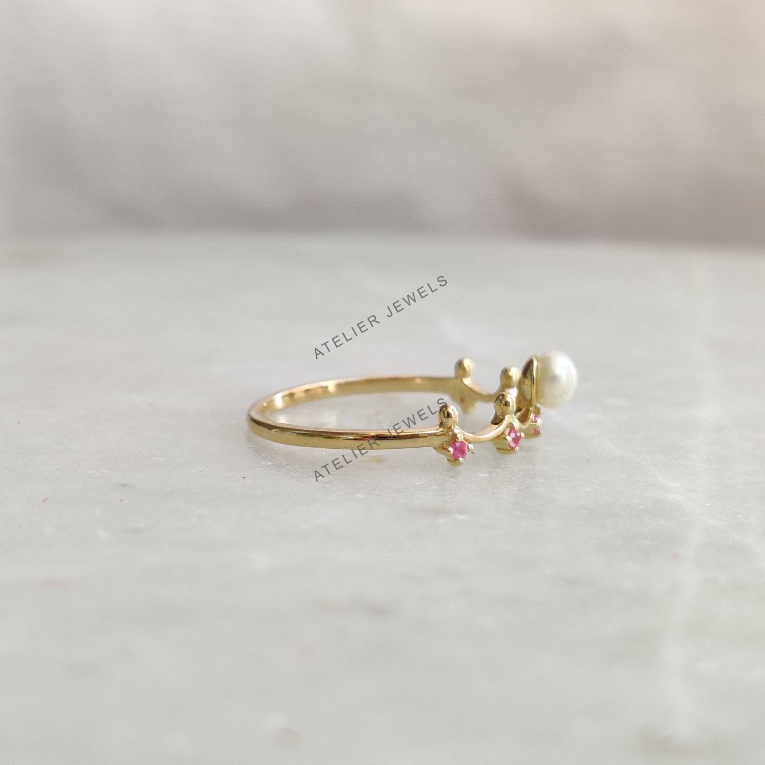 0.43 Ct Natural Pearl Ruby Band Ring 14K Gold Minimalist Birthstone Jewelry Gift