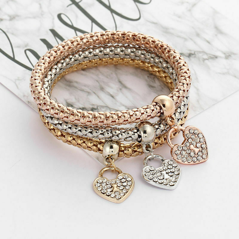 Silver Rose Gold White Topaz Heart Charm New Fashion Bracelet Bangle 3 in 1 Set
