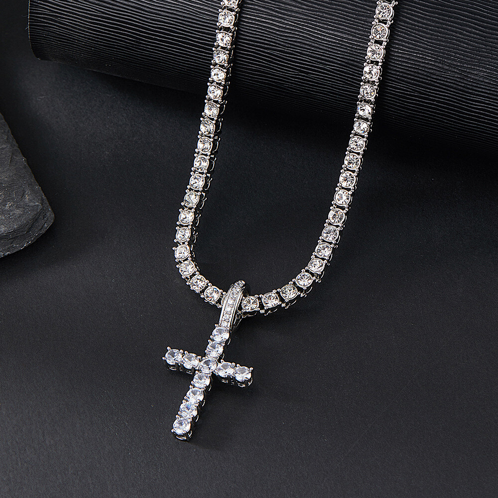 14k Gold Silver Plated Tennis Chain Choker ICED CZ Necklace with Cross Pendant