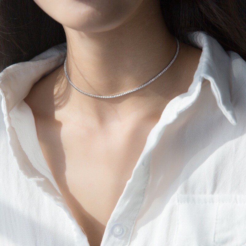 Stunning Genuine 925 Sterling Silver CZ Crystal Choker Tennis Necklace 32cm-38cm