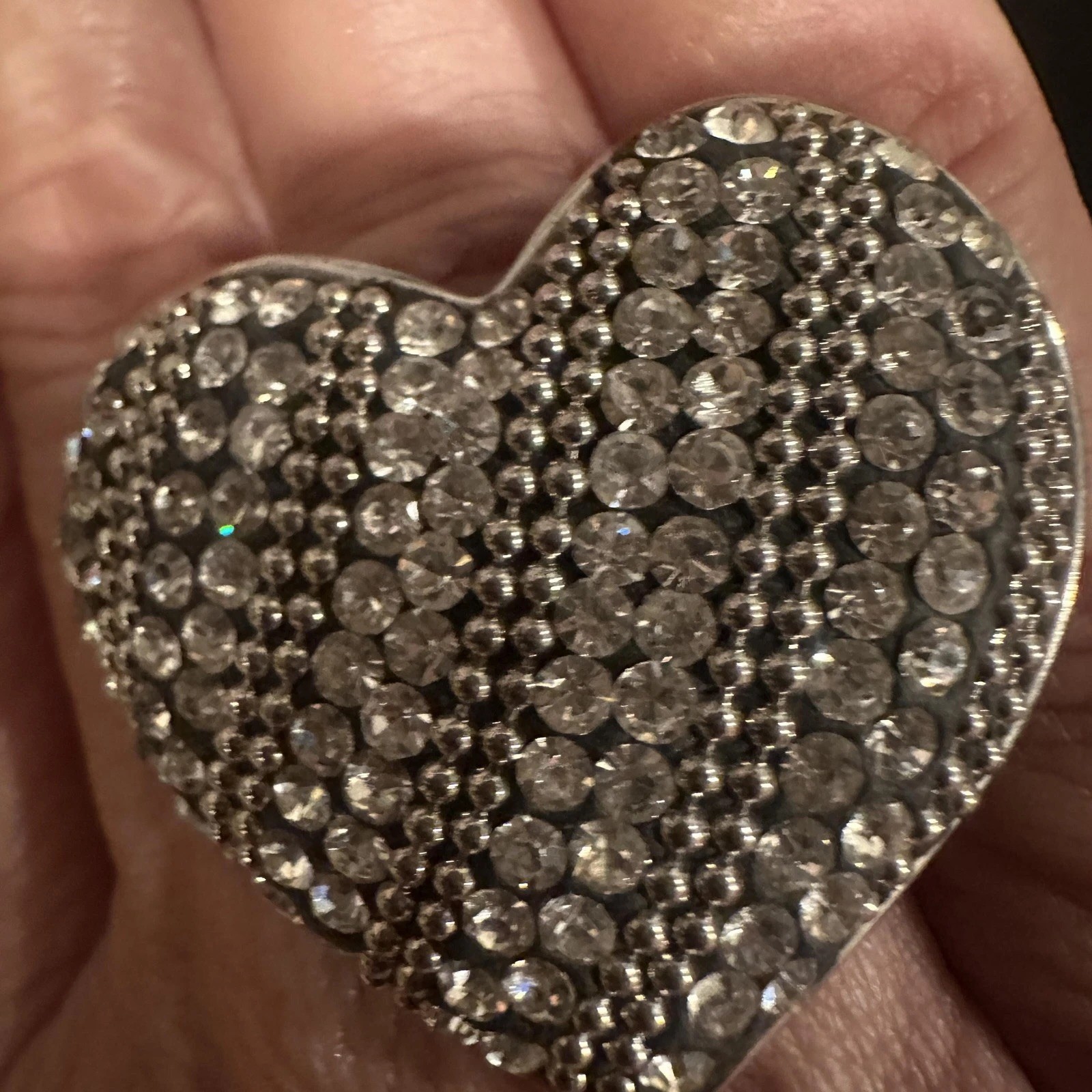 Rhinestone Heart Silver Tone Bling Statement Cocktail Ring Glam Size 8 Stretch
