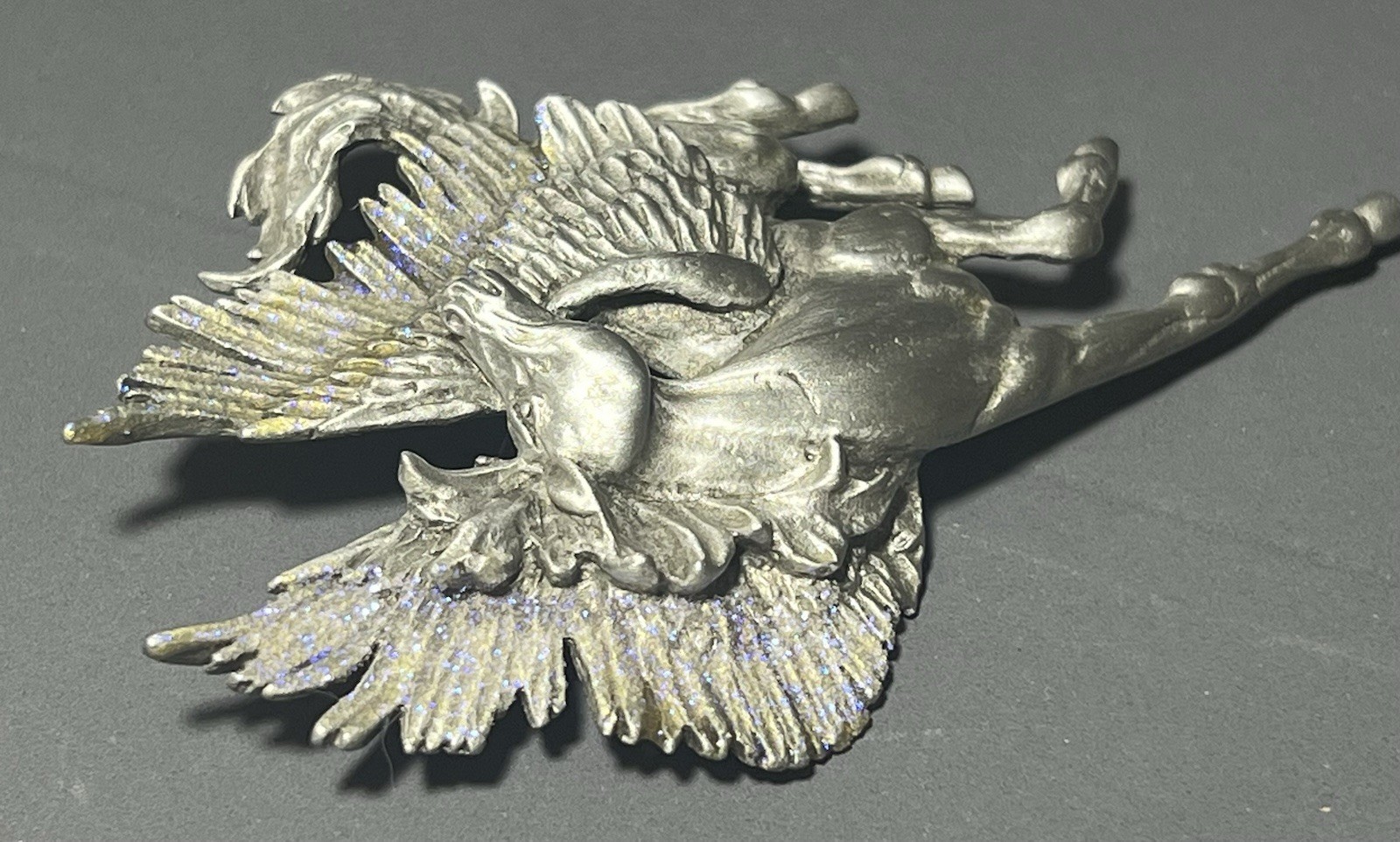 Vintage JJ Jonette Brooch Pewter Horse Pegasus Purple Glitter 3.5 Inches