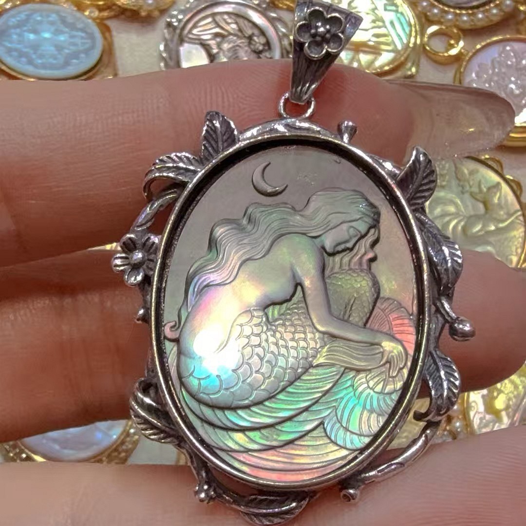 925 sterling silver gray Cameo shell vintage jewelry Pendant estate jewelry gift