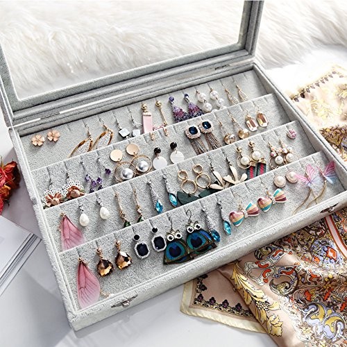 Velvet Clear Lid Earring Box Organizer Storage 55 Pairs Stud Tray Earrings