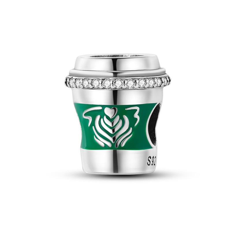 MULA European 925 Sterling Silver Coffee Cup DIY Charm Pink CZ Fit Lady Bracelet
