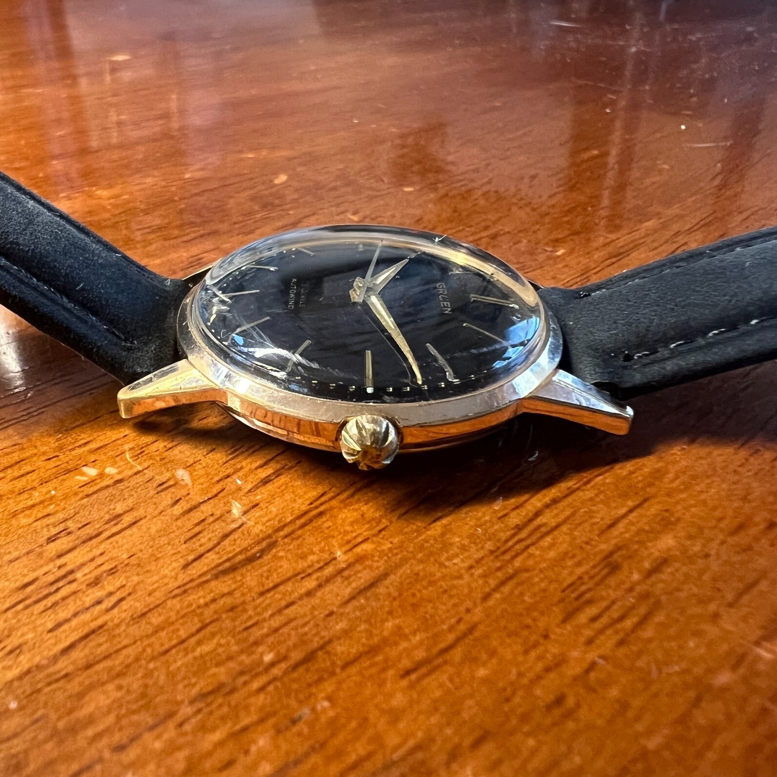 Vintage Gruen Automatic Watch, Gold Tone Case, Black Dial, Mid-Century Men’s