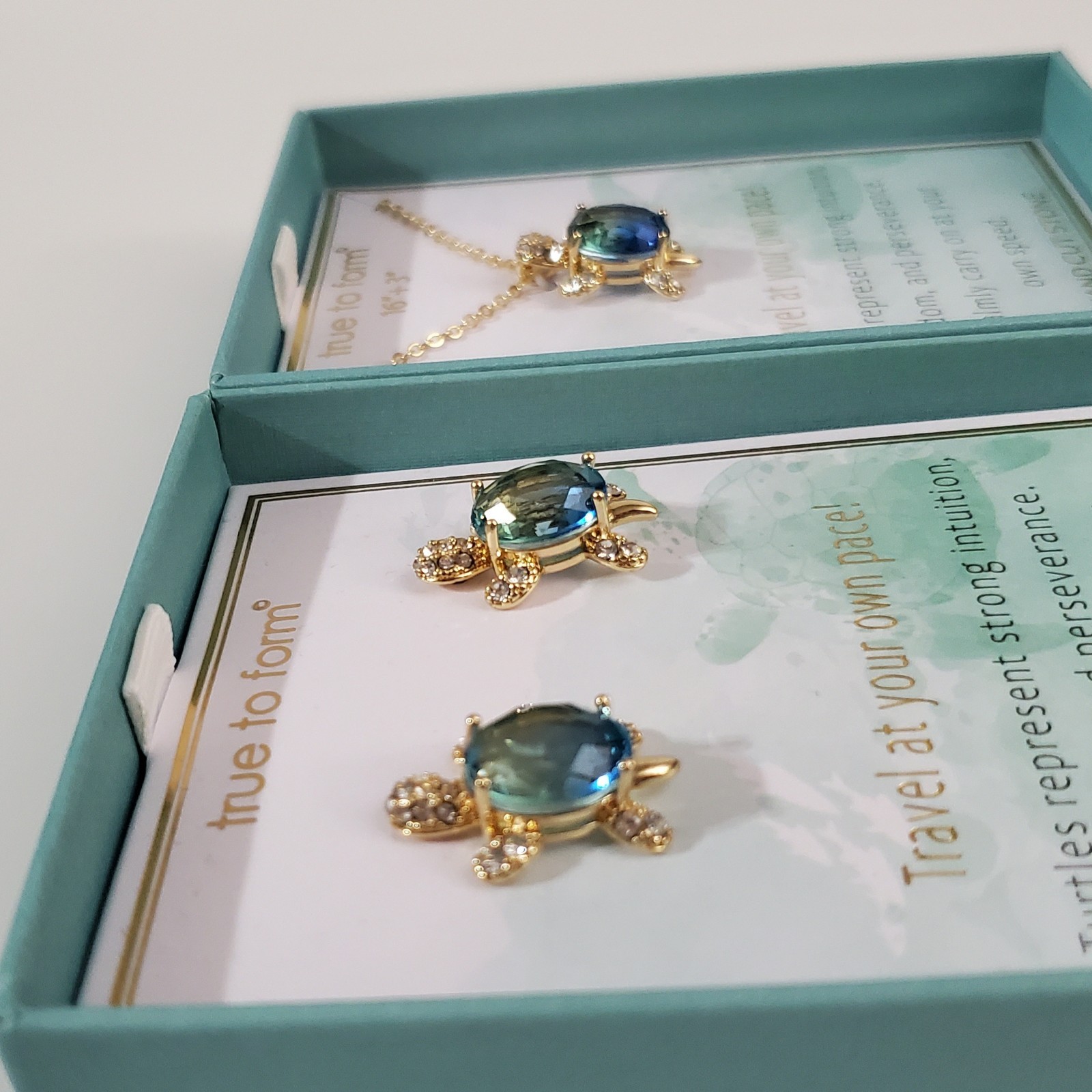 Crystal Turtle Jewelry SET Earrings Necklace Set Hand Cut Teal Stone NEW IN BOX