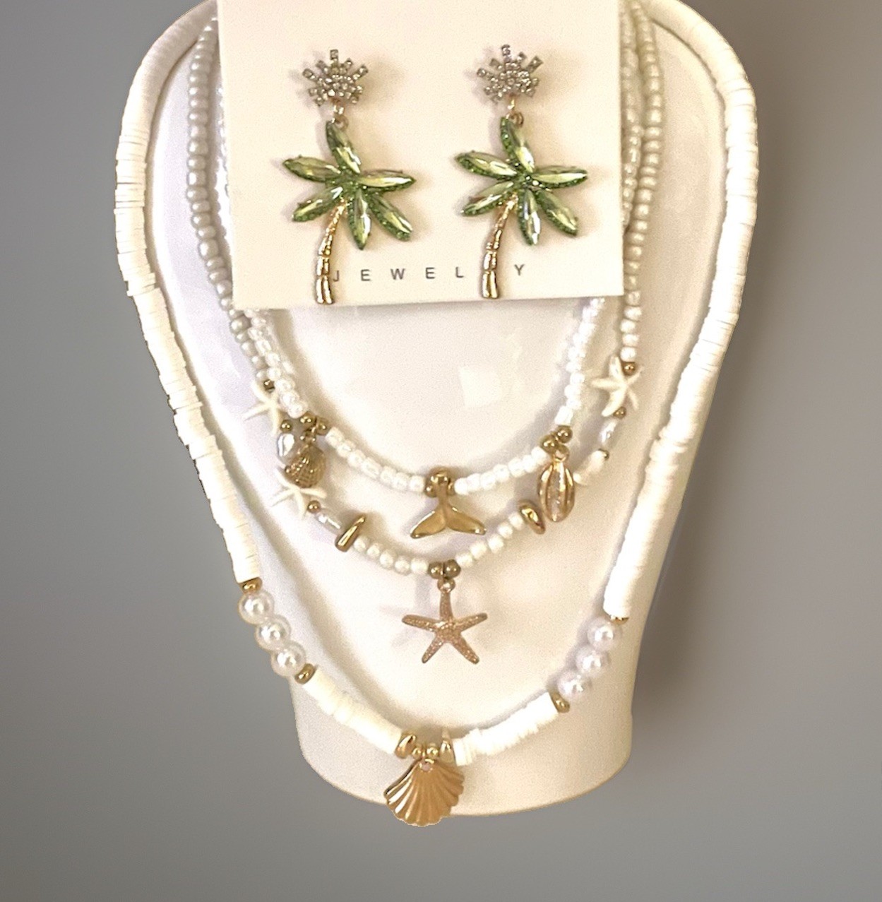 Beaded Pearl Layered Necklace Earrings SET 4 PIECES Sea Shell Crystal Palm Tree