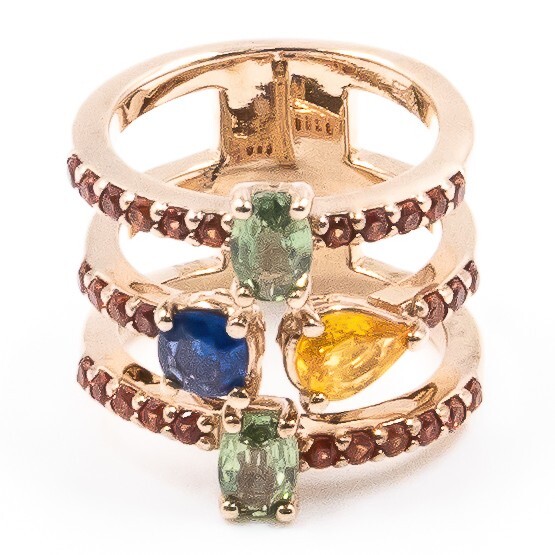 3.13ct Natural Green Red Yellow Blue Sapphire Ring 925Sliver in Rose Gold Plated