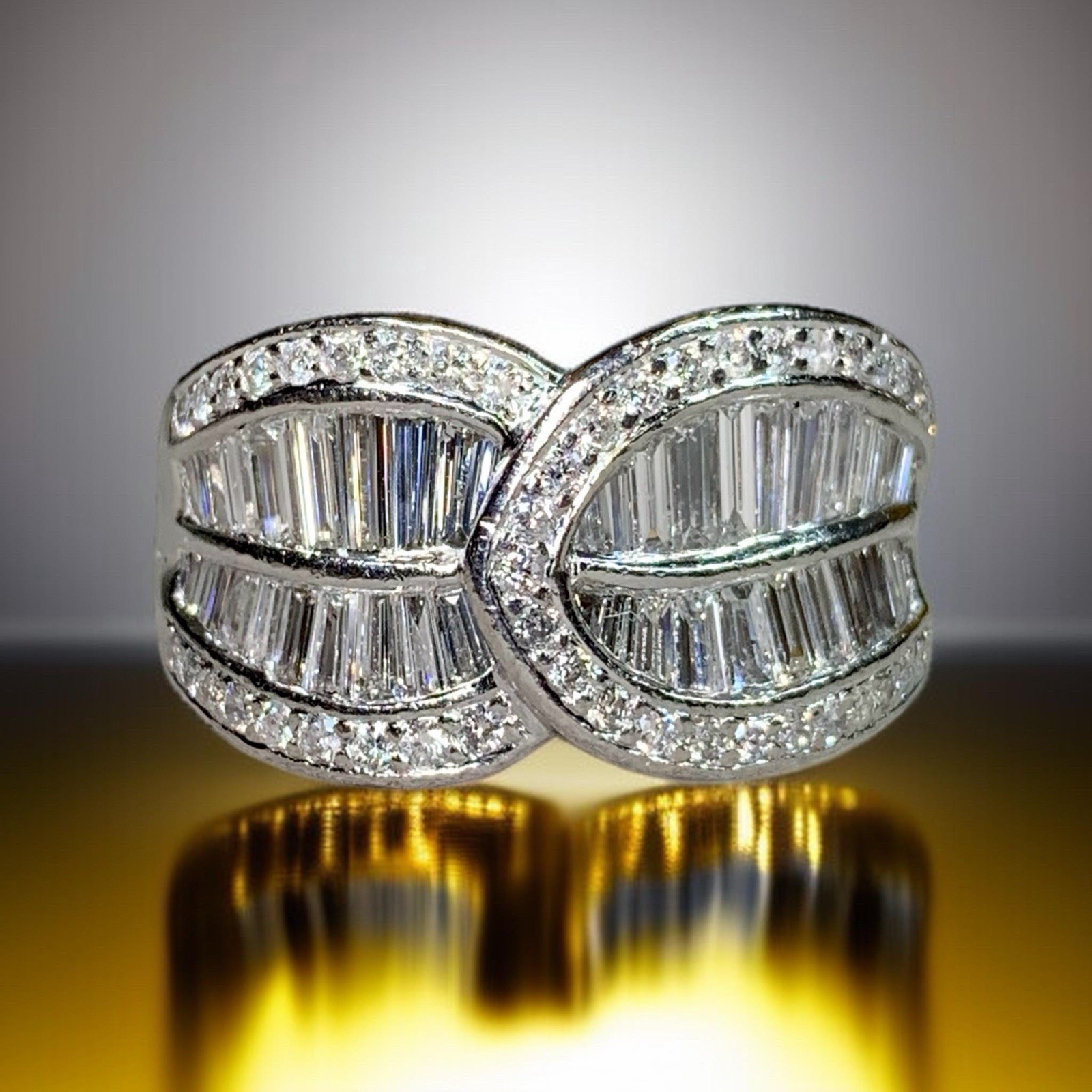 Estate Platinum Tapered Baguette Round Diamond Interlocking Cocktail Ring G Vs