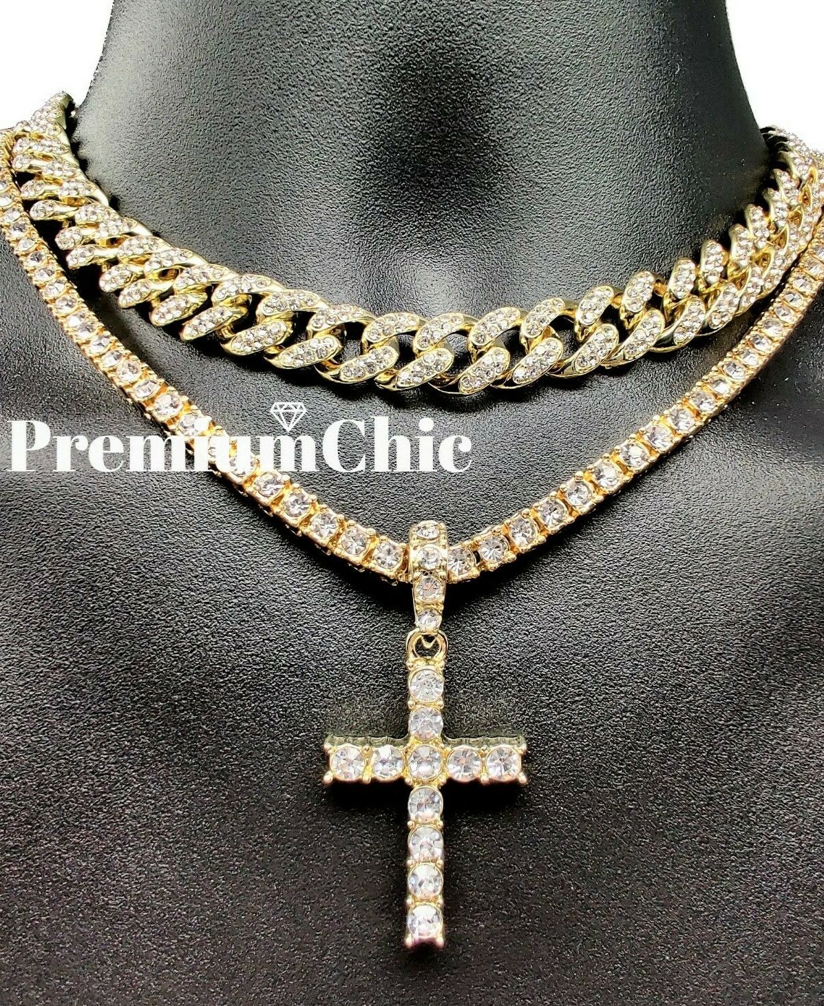 Miami Cuban Choker Necklace Cross Pendant Tennis Chain Gold Plated CZ Jewelry