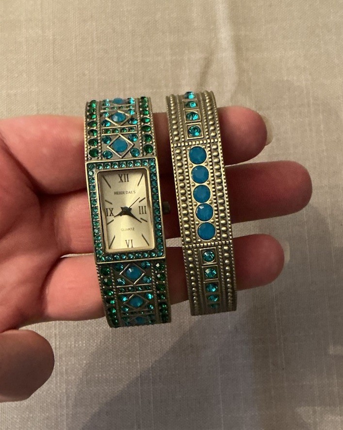 Heidi Daus Double Trouble Bangle Watch Bracelet Set Blue Green Crystals New