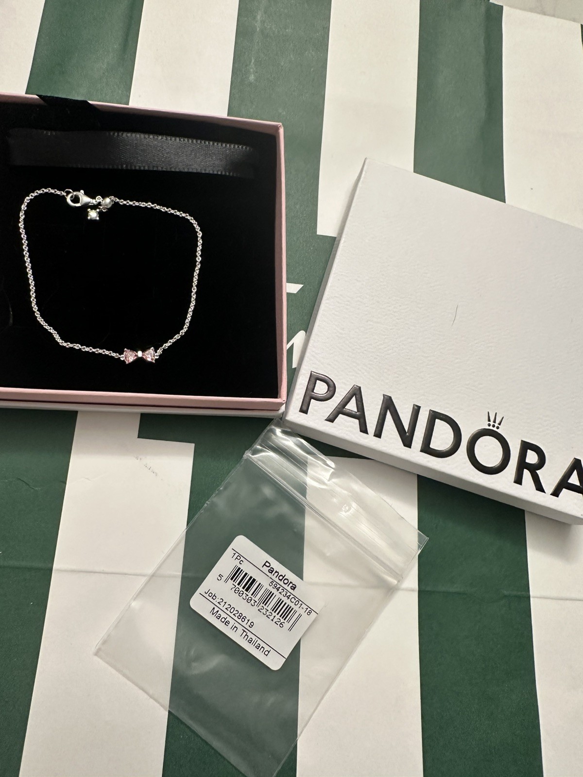 Pandora Sterling Silver Pink Bow Bracelet Adjustable In Length with Box 18cm