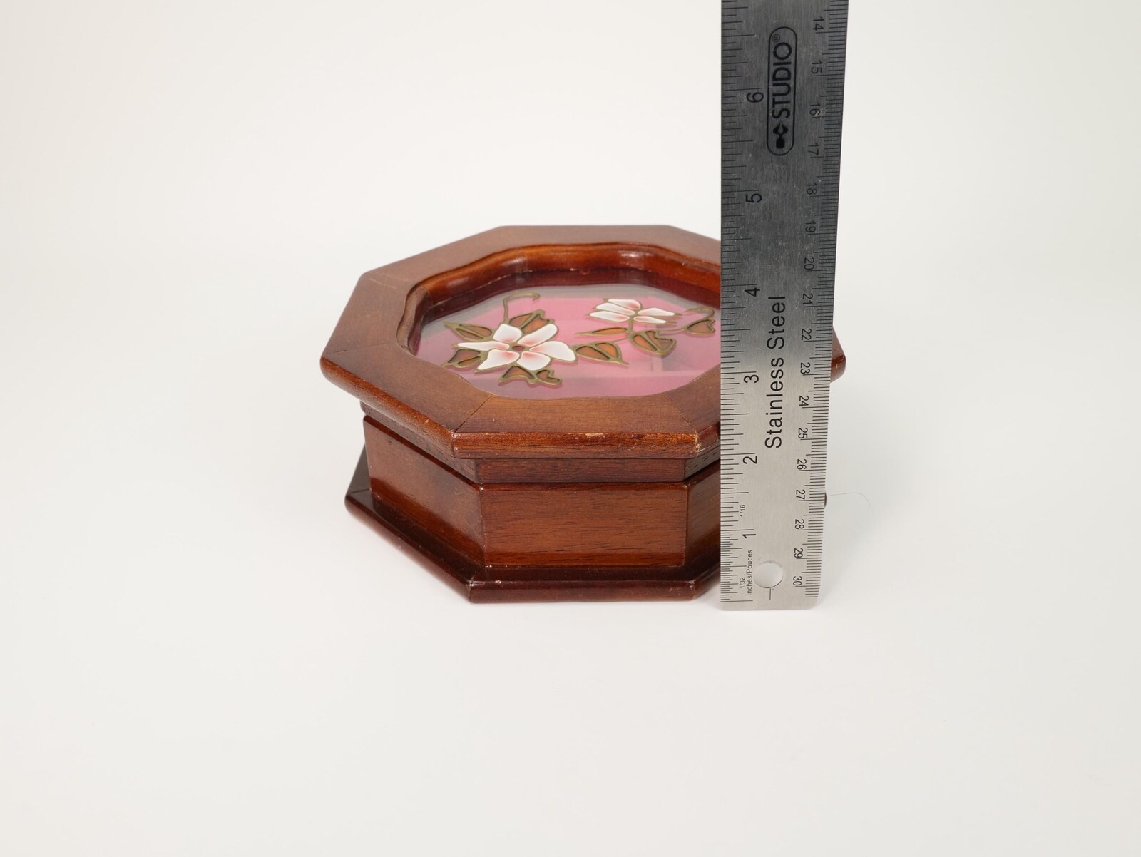 Vintage Octagonal Wood Jewelry Box with Floral Glass Top and Pink Velvet Lining