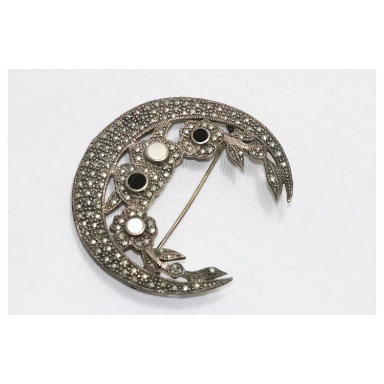 Vintage Sterling Silver Mother of Pearl, Black Onyx, and Marcasite Moon Brooch