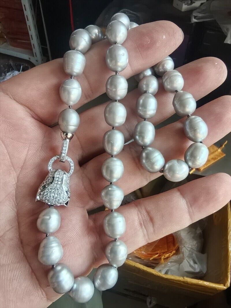 Authentic Large 12-9mm Natural gray BAROQUE Pearl Necklace 18 inches 925