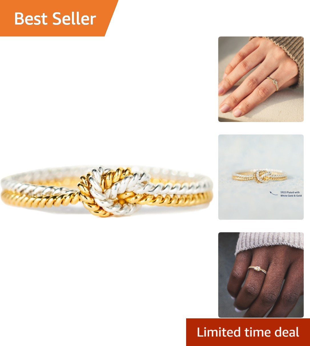 Handcrafted Two-Tone Knot Ring for Women – Sterling Silver Heart Purity, Size 8