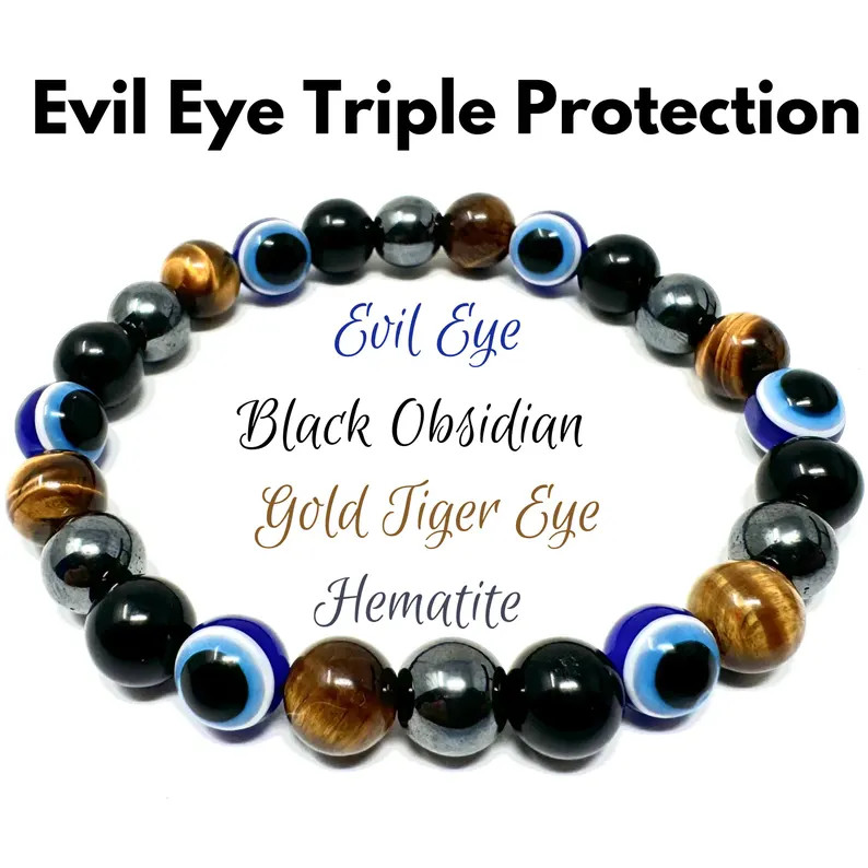 Triple Protection Evil Eye Bracelet 8mm Tiger Eye Black Obsidian Hematite Beads