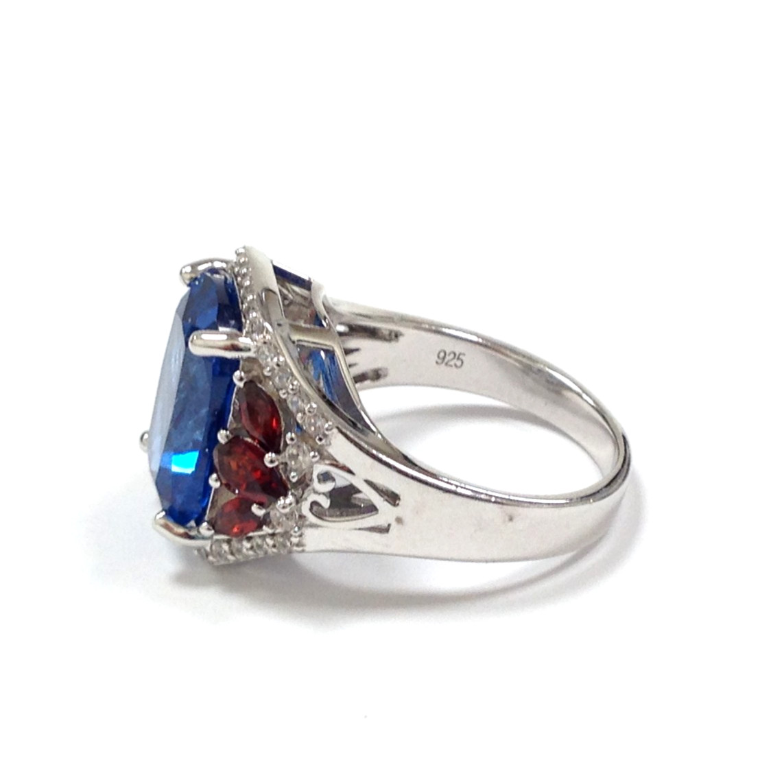 DK Signed 925 Sterling Silver Blue and Red Gemstone Cocktail Ring Size 7.75