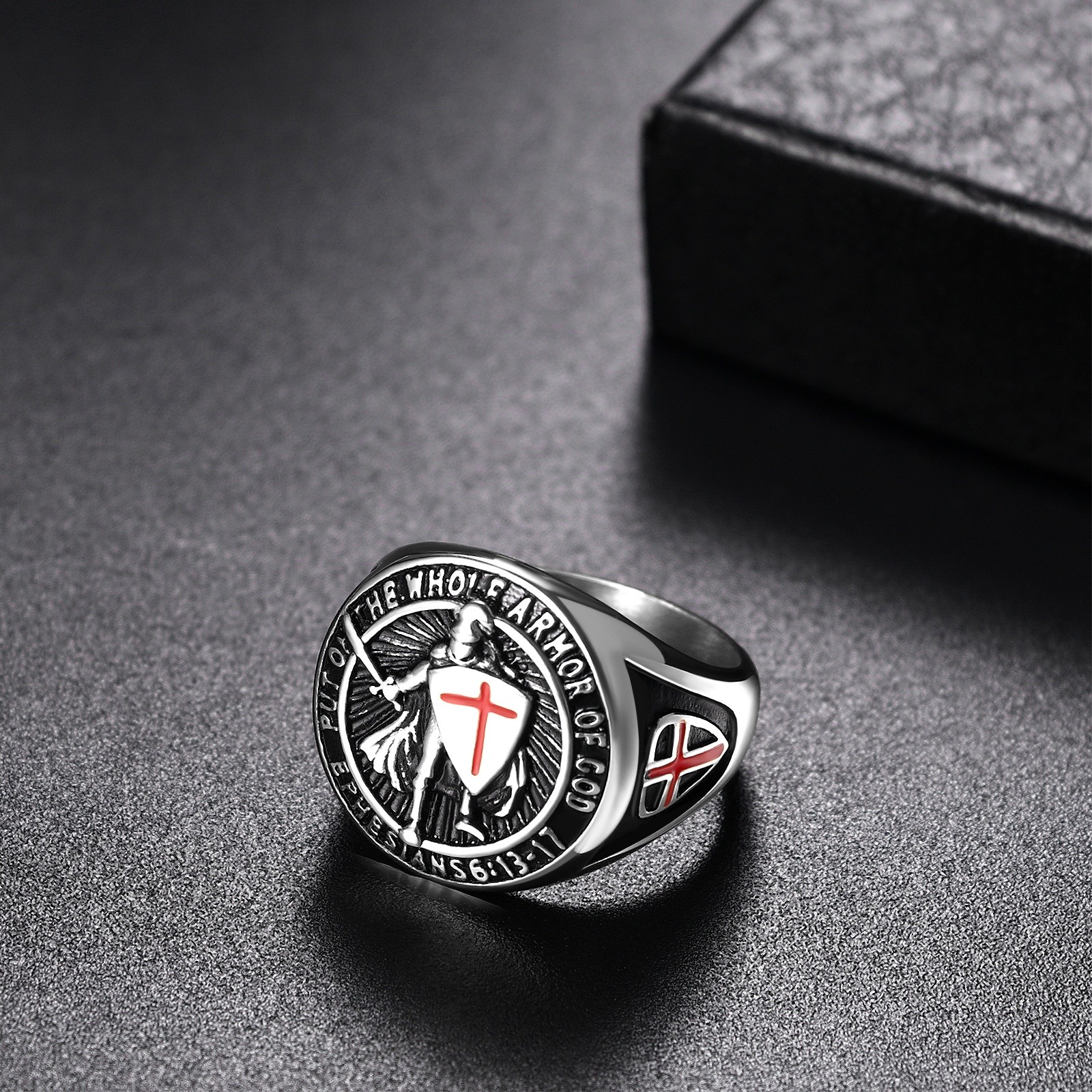Men Archangel St Michael Shield Guardian Stainless Steel Signet Ring #8-13
