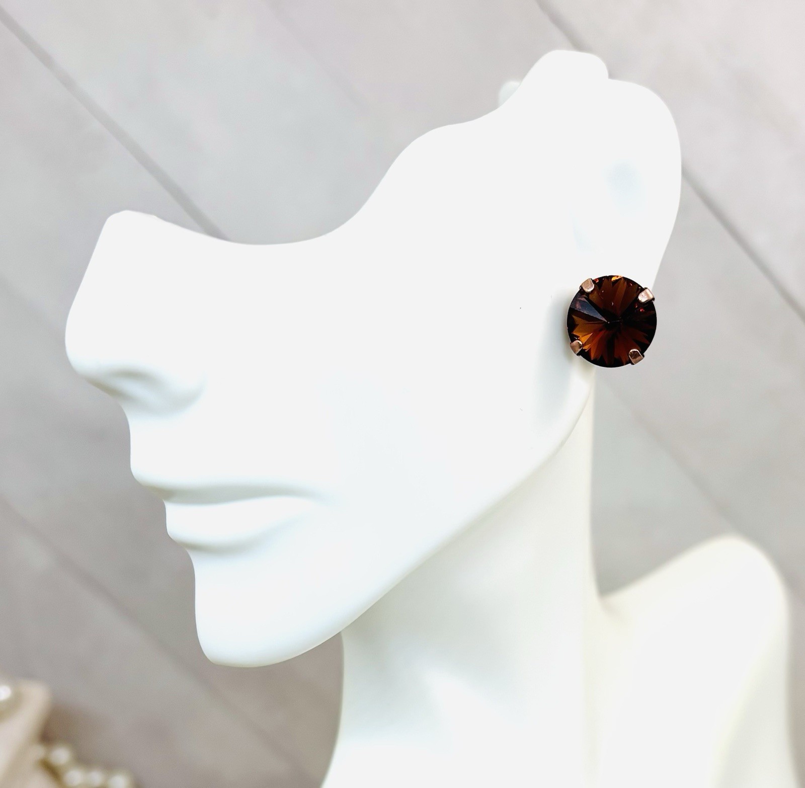 12mm Antique Copper Chocolate Brown Cup Chain Stud Earrings, Smoked Topaz Stones