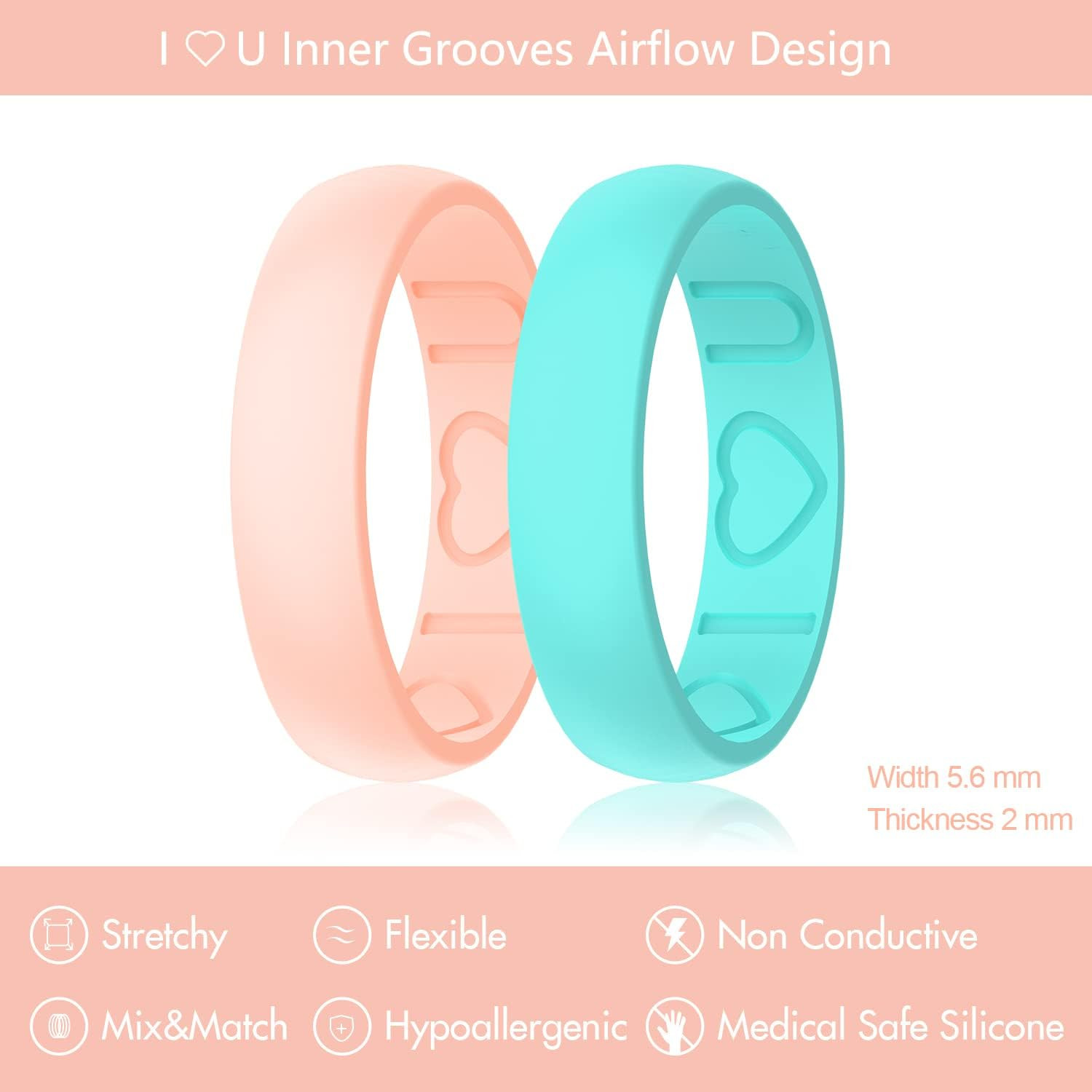 Silicone Ring Women – Heart [I Love U] Pattern Airflow Flow Grooves Breathable R