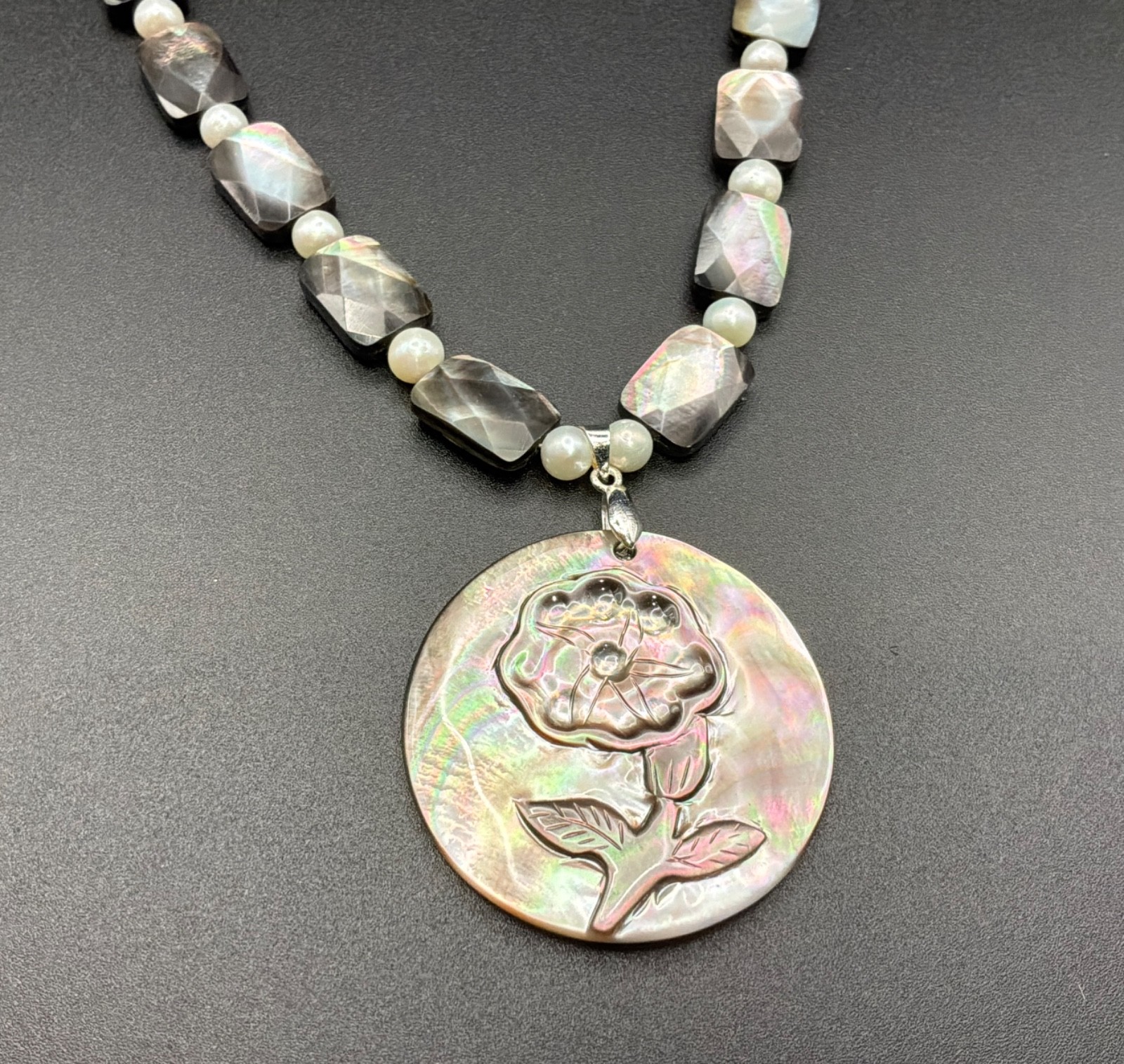 Mother of Pearl Pendant on Black Shell Necklace