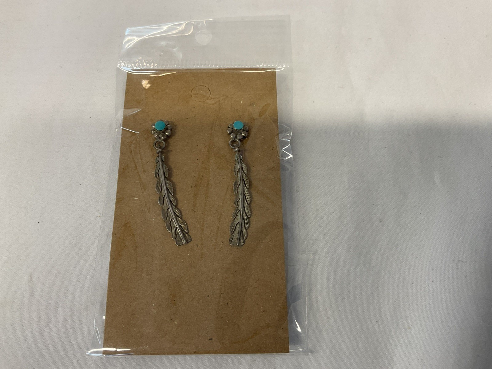 Used Silver Tone Feather Post Dangle With Faux Turquoise Stone Earrings