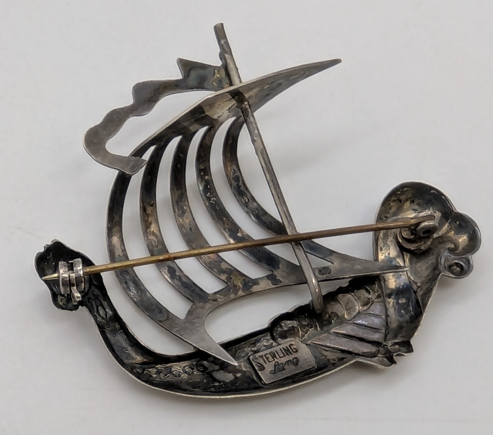 Vtg Lang Sterling Viking Ship Dragon Boat Pin Brooch Silver