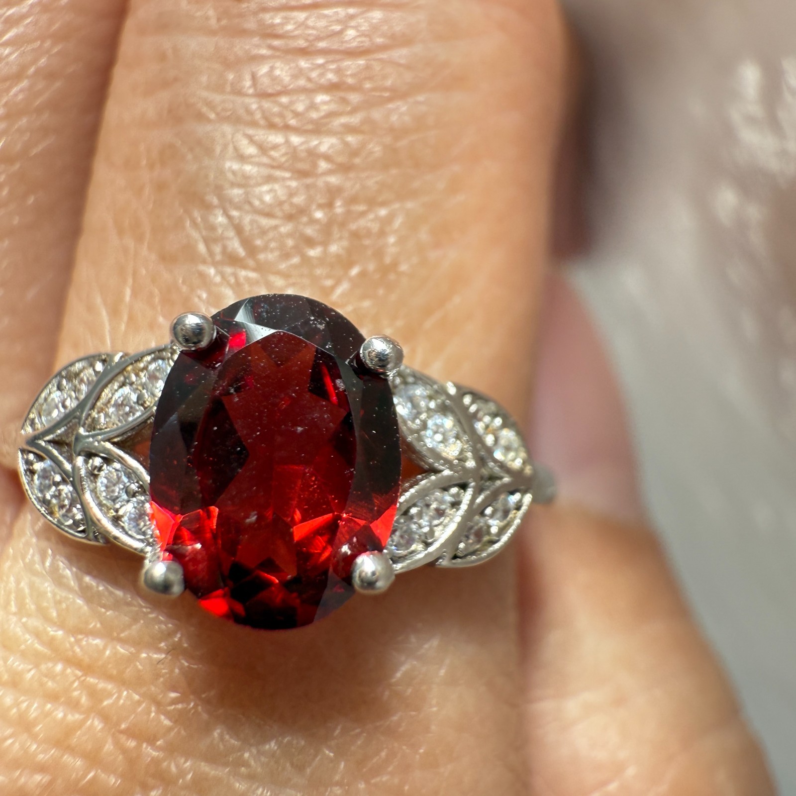 925 Sterling Silver Ring 8x6mm Natural Rhodolite Garnet Gemstone Zircon Flower