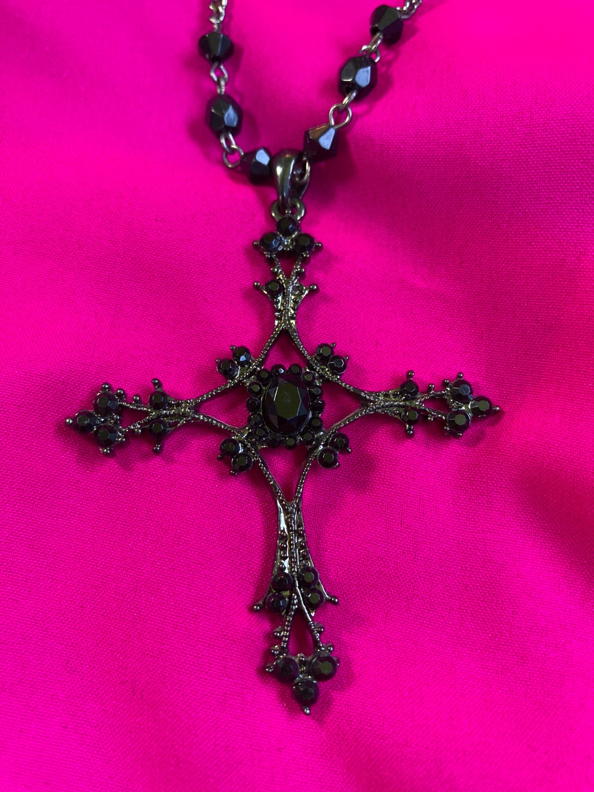 Black 1900 Inspired Sparkly Gemstone Cross Rosary Halloween Gothic Necklace