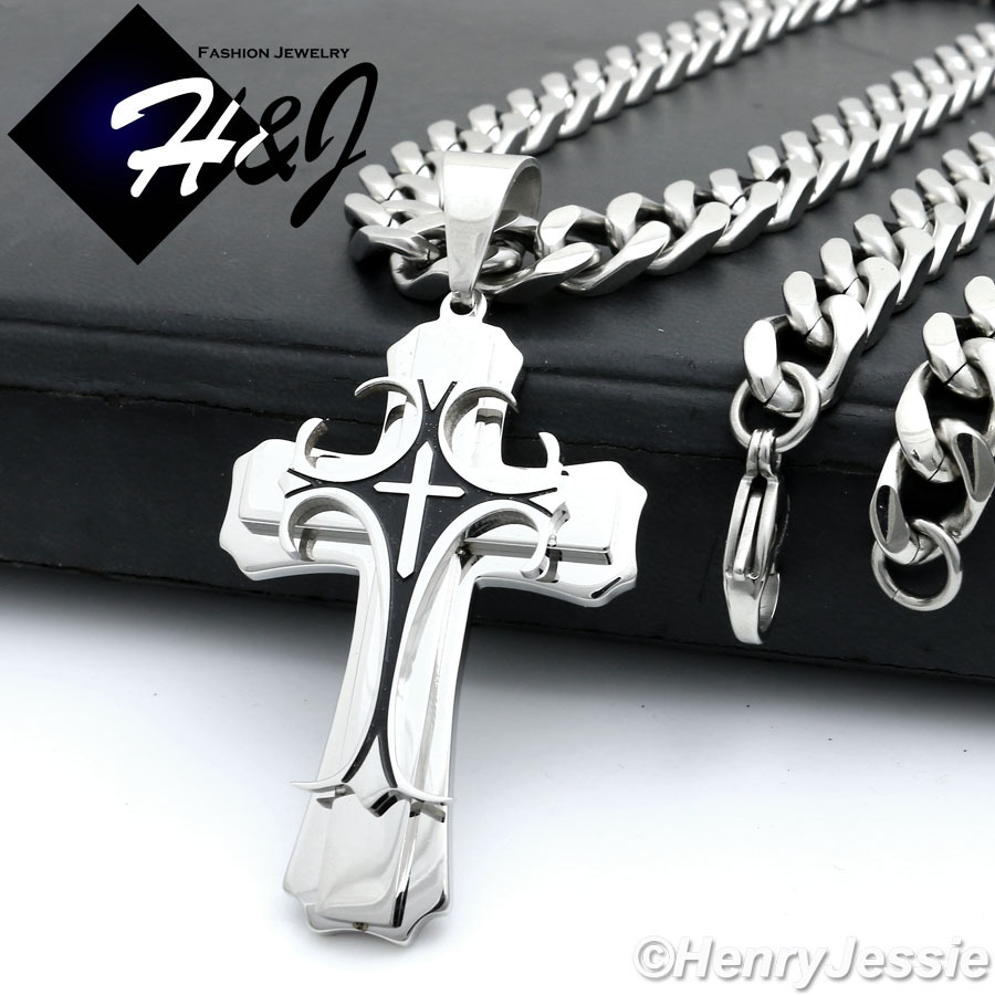18-40″MEN Stainless Steel 9mm Silver Chain Bracelet Black Plated Cross Pendant*H