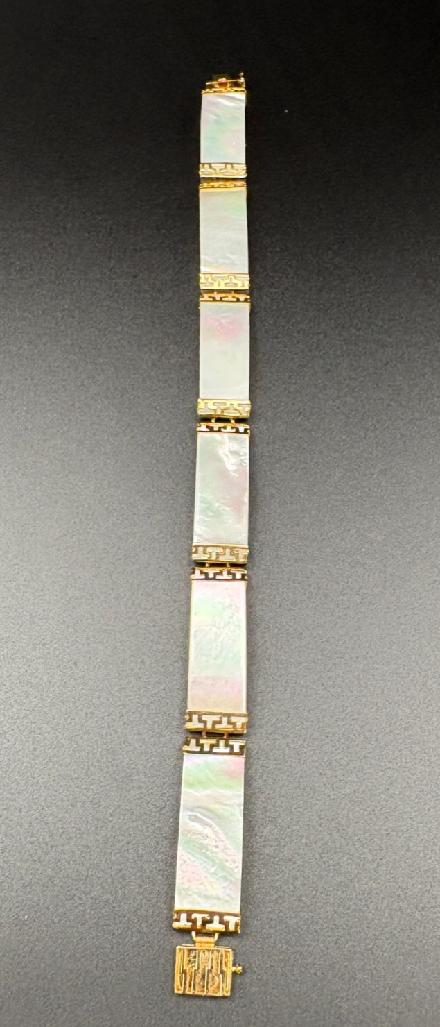 Vintage 14K Yellow Gold Mother of Pearl Greek Key Link Bracelet Heavy 16.1g