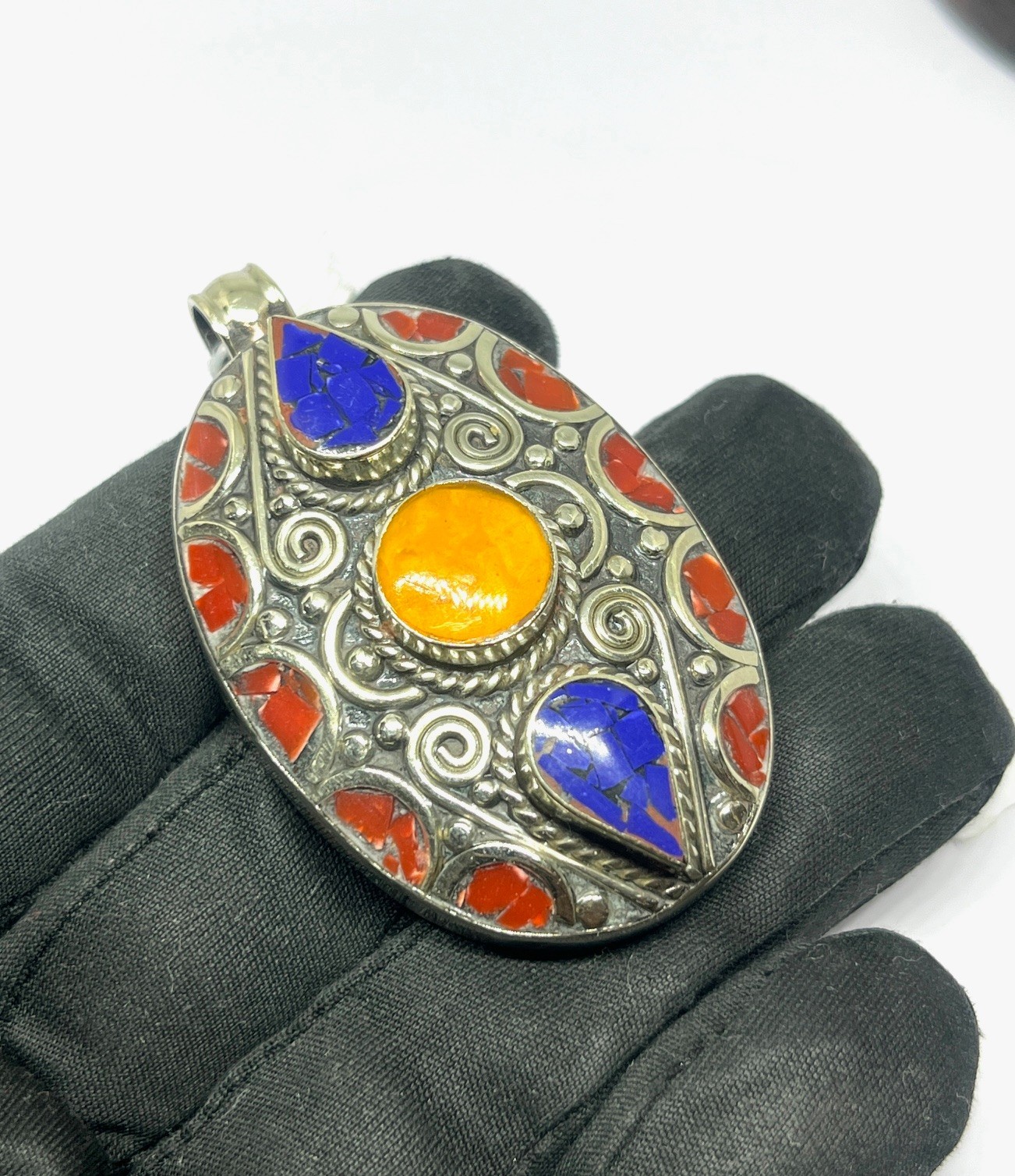 Tibetan Coral Lapis Amber Gemstone Buddhist Statement Pendant Jewelry, 2.2 inch