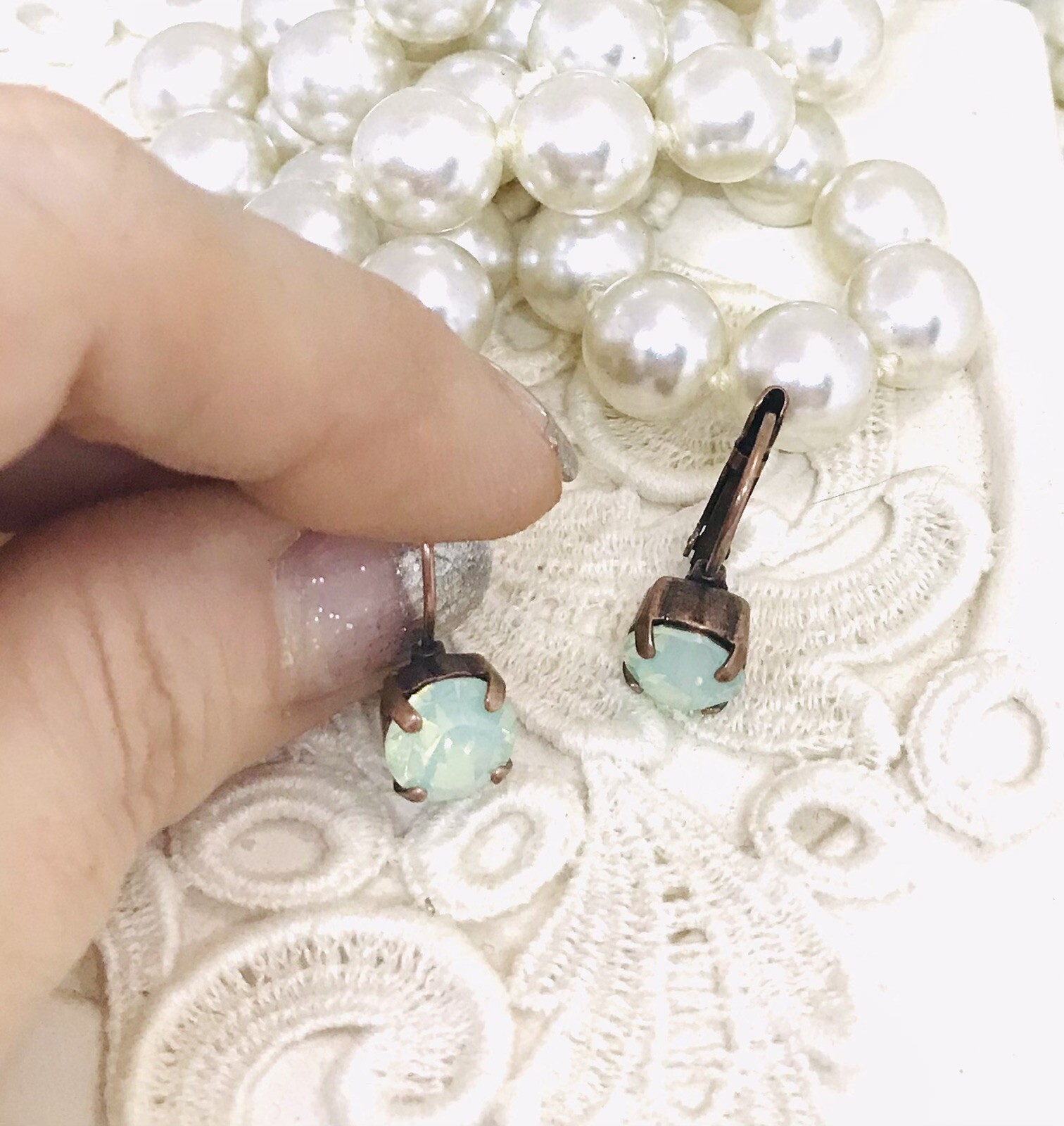 Antique Copper Mint Green Cup Chain Earrings, Chrysolite Opal Cup Chain Earring
