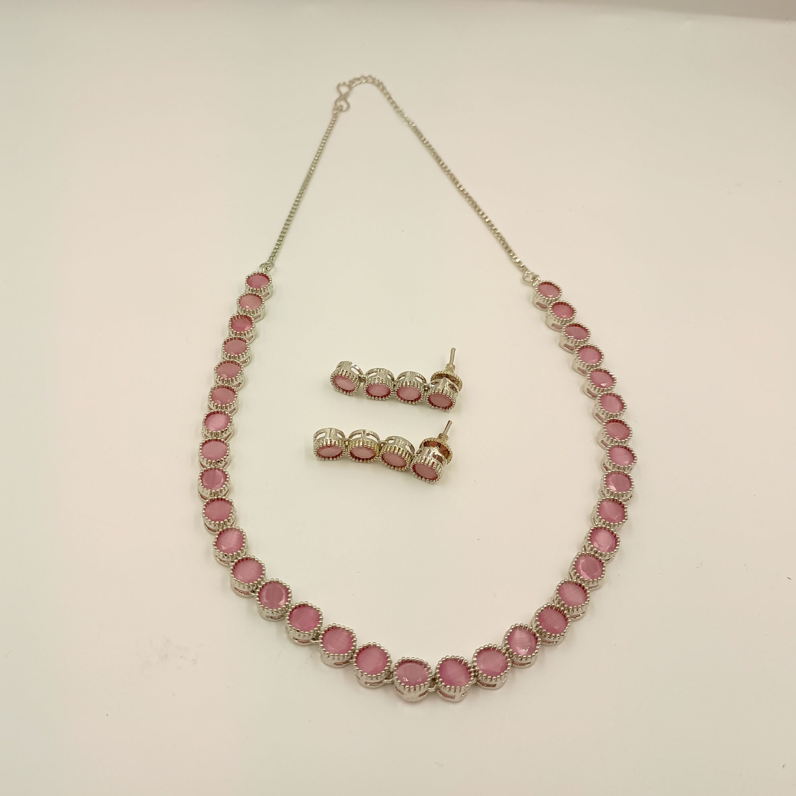 Rose Quartz Round Stone South Indian Necklace Set 22K Gold Plated Ethnic Jewelry