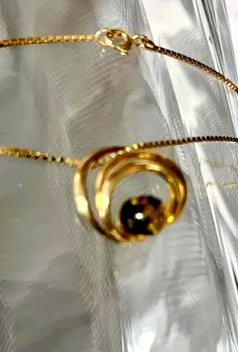 925 Silver Gold Plated PENDANT Round Shape Amber Green & Gold Double Necklace 42mm