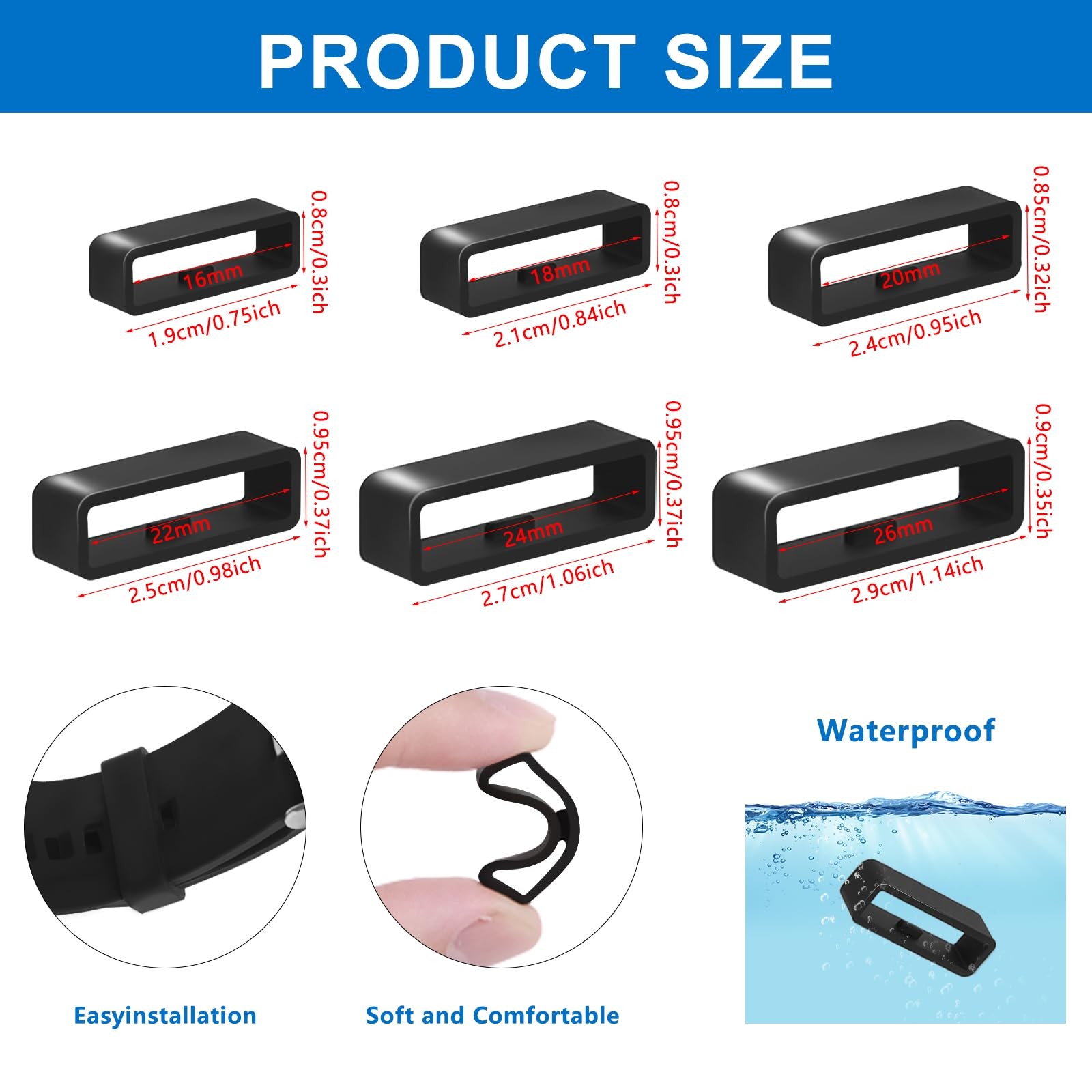 6 Pcs Watch Band Keepers 16-26mm Black Silicone Loops Strap Holder for Watches