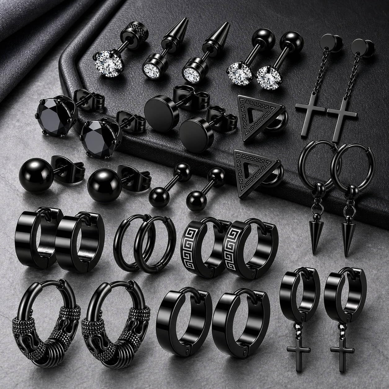 16 Pairs Men Earrings Set -Stainless Steel Cross Dangle Hoop & Ear Stud