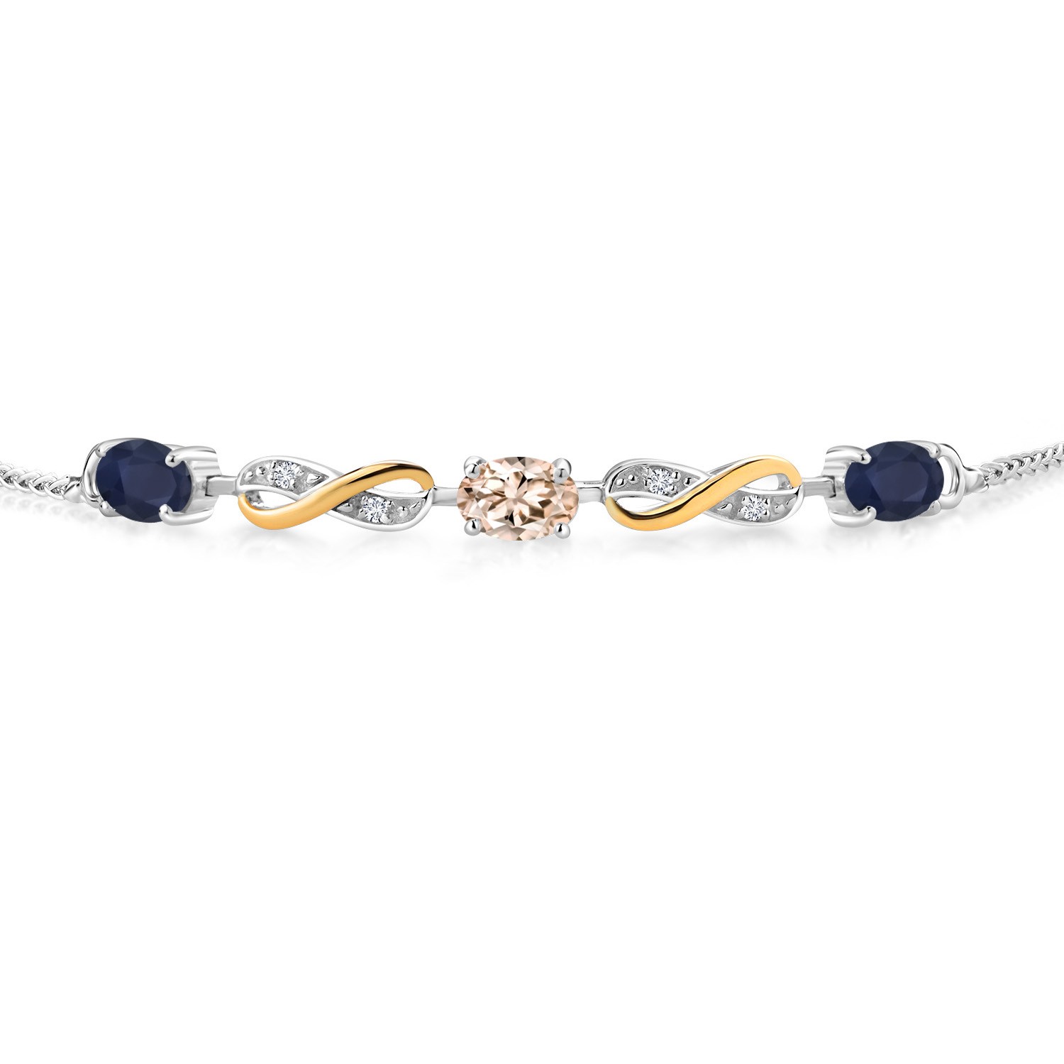 1.64 Ct Blue Sapphire Peach Morganite 925 Silver and 10K Yellow Gold Bracelet