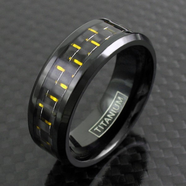 Black Titanium Men’s Yellow Carbon Fiber Band Ring Sizes 9-13