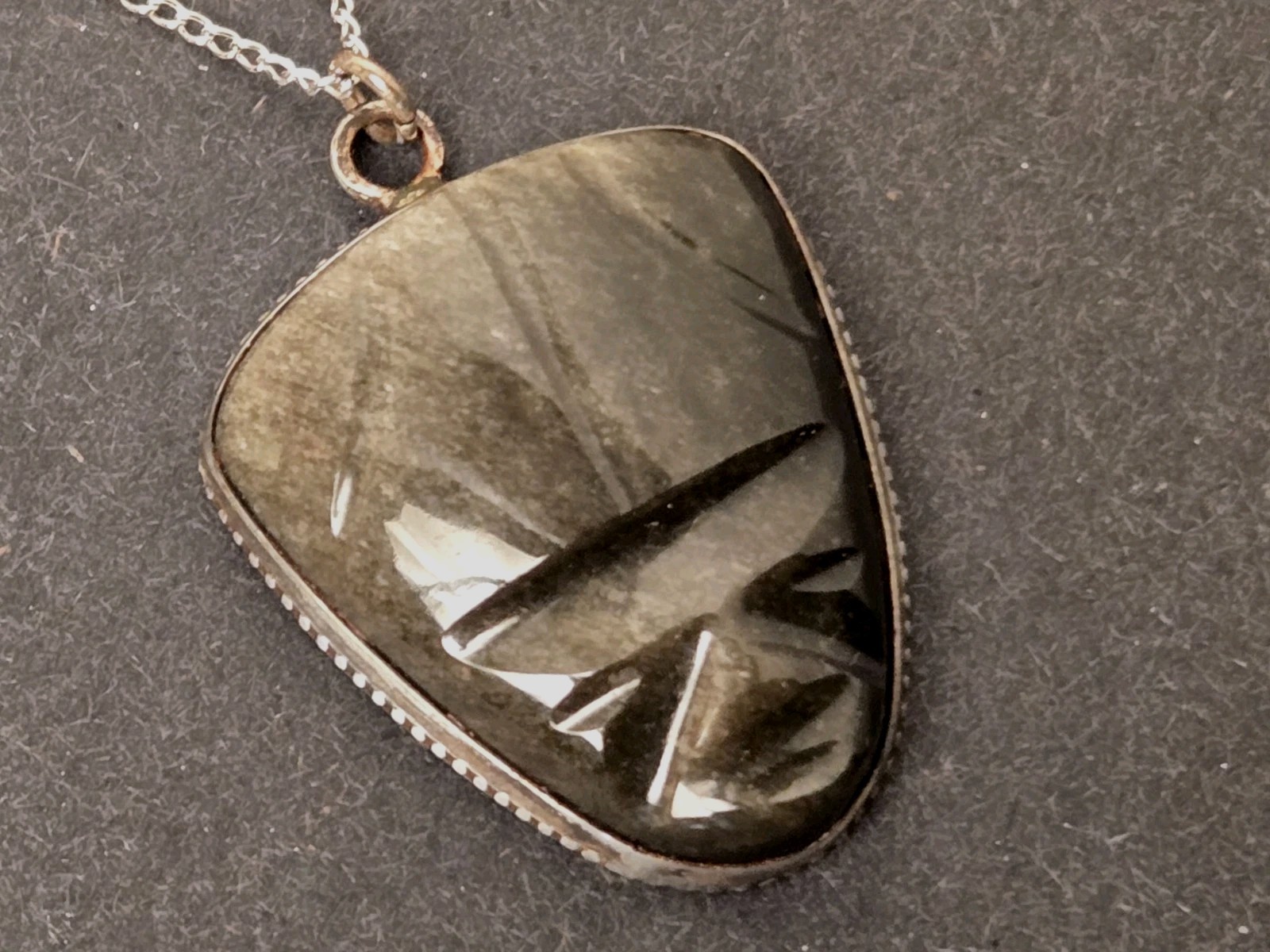 ANTIQUE Black Tiger Eye Carved Tiki Stone w/ Sterling Silver Edging & 18″ Chain