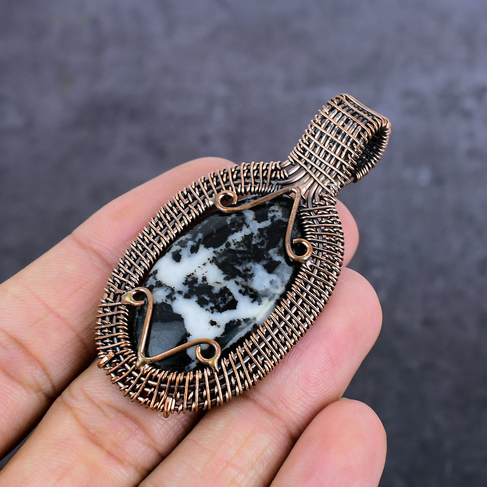Zebra Jasper Gemstone Copper Wire Wrap Jewelry Pendant 2.56″ Gift for Her o734
