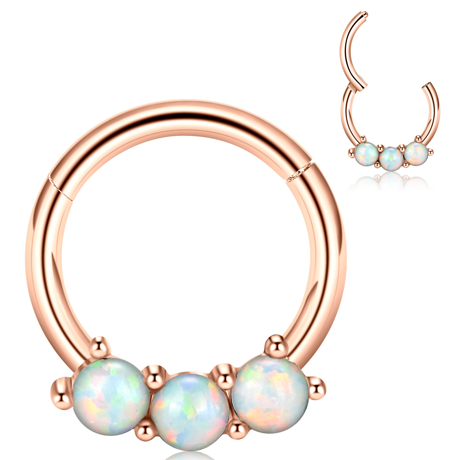 2pcs Silver+Rosegold Opal Nose Hinged Hoop Piercing Segment Ring Earring Studs