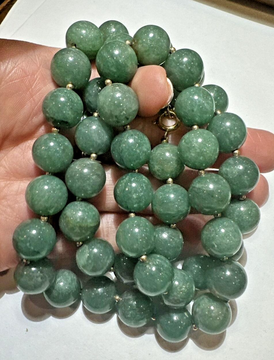Chunky Green Carved Tourmaline Stone 11mm Bead Strand 18K Gold 114g Necklace DC5