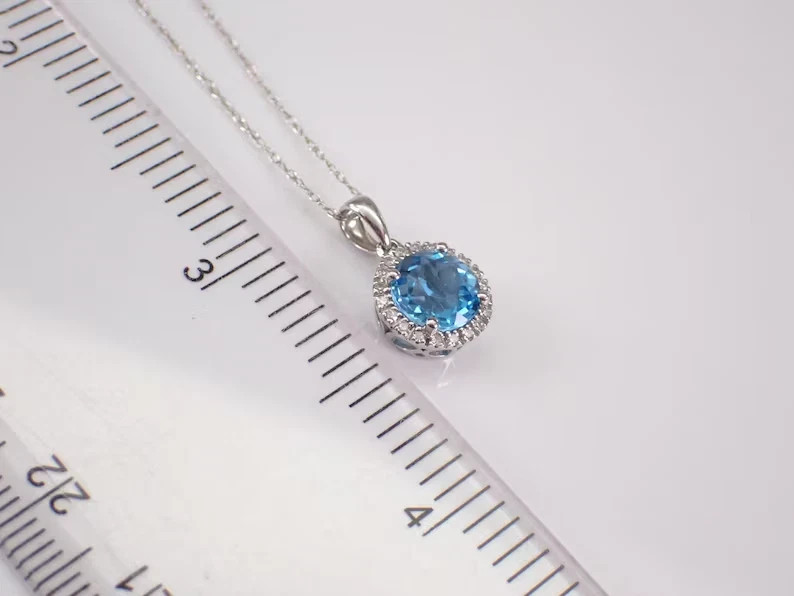 2.00Ct Round Cut Simulated Blue Topaz Halo Pendant Chain 14k White Gold Plated