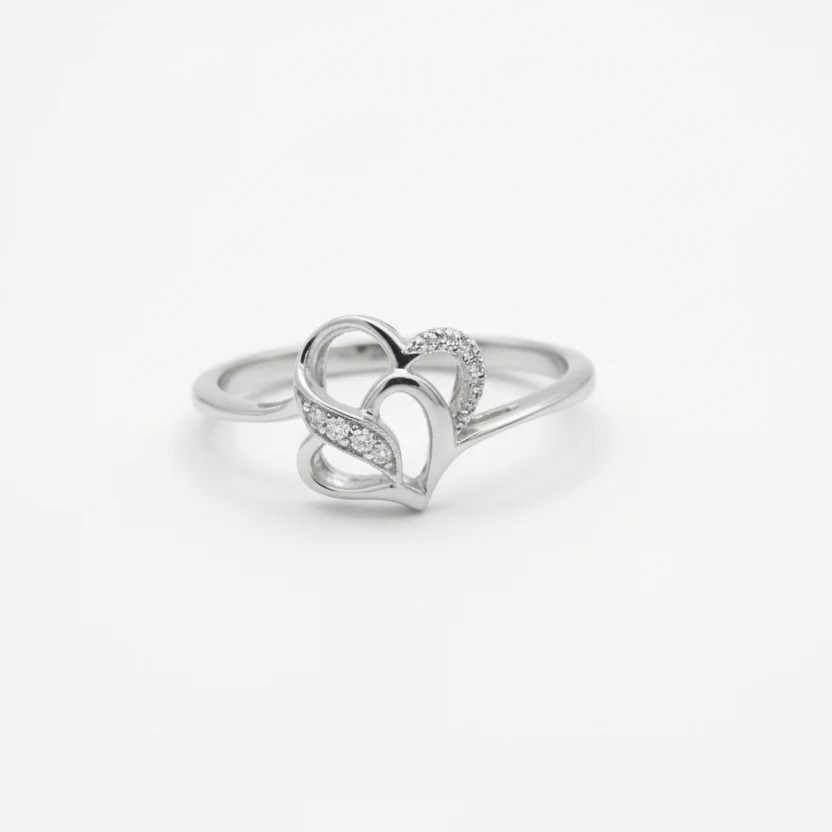 925 Sterling Silver Interlocking Double Heart Diamond Ring