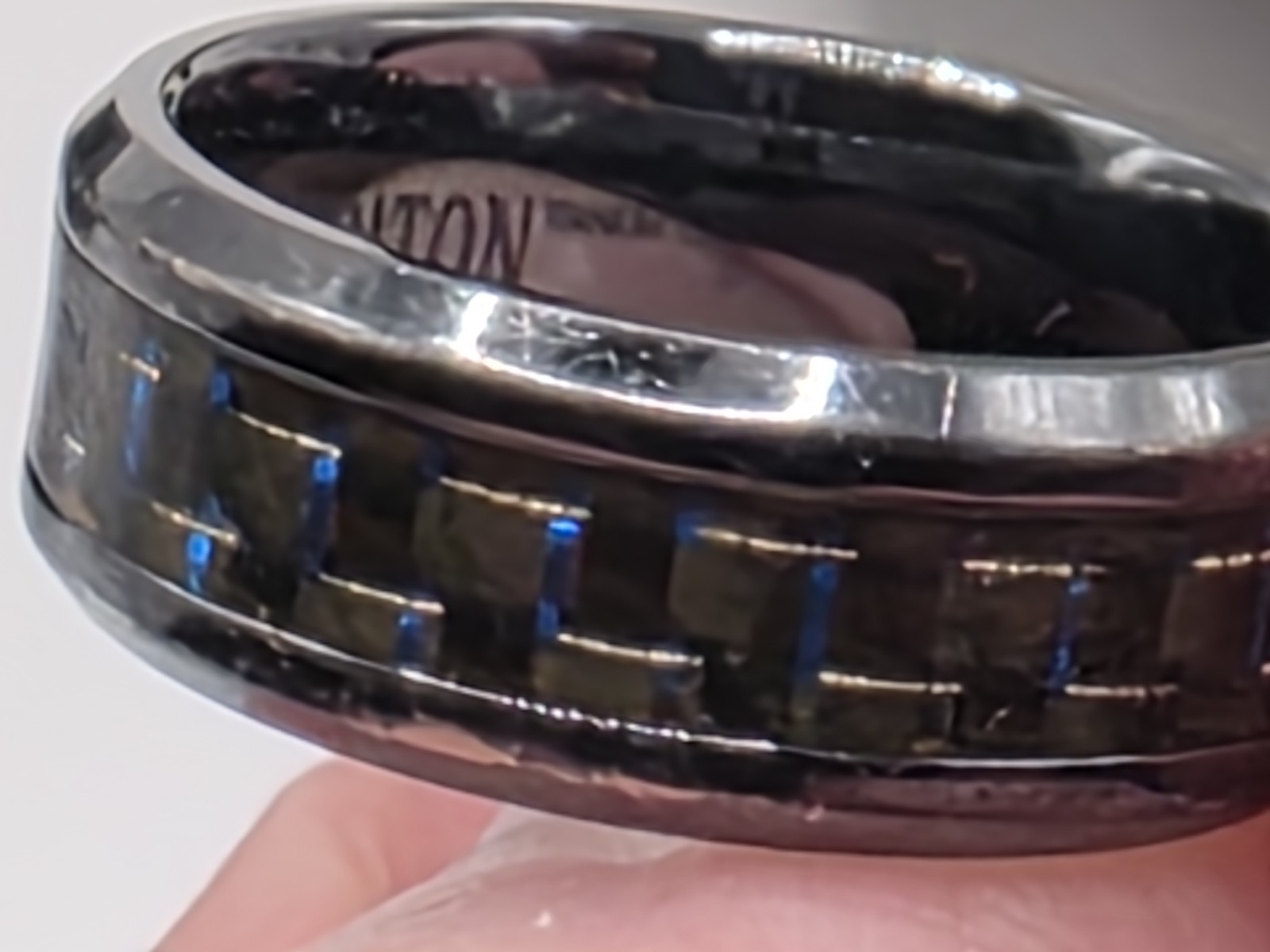 Triton Titanium Wedding Band Ring Approx Size 11 8mm Carbon Fiber Blue Inlay Box