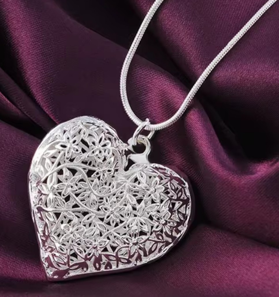 Silver Heart Filigree Pendant 925 Charm Necklace Wedding Fashion Jewelry 26″ New
